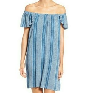 Blue & white striped off the shoulder dress